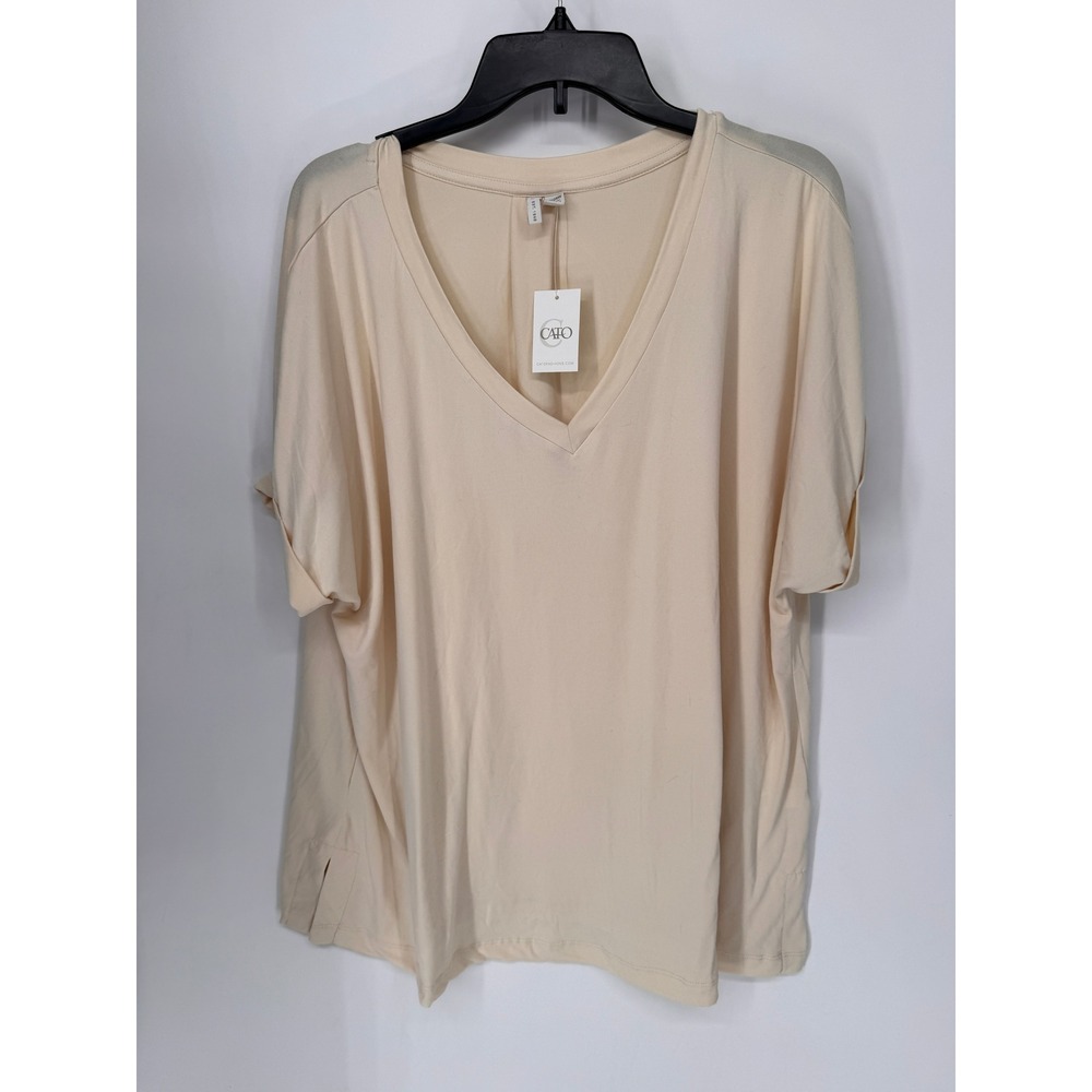 Cato V-Neck Top Women 22/24W Cream NWT Relaxed Fit Short Sleeve Stretch
